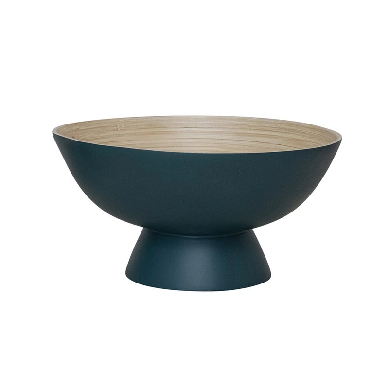 Bamboo Footed Bowl w/ Natural Finish Inside, Matte Blue