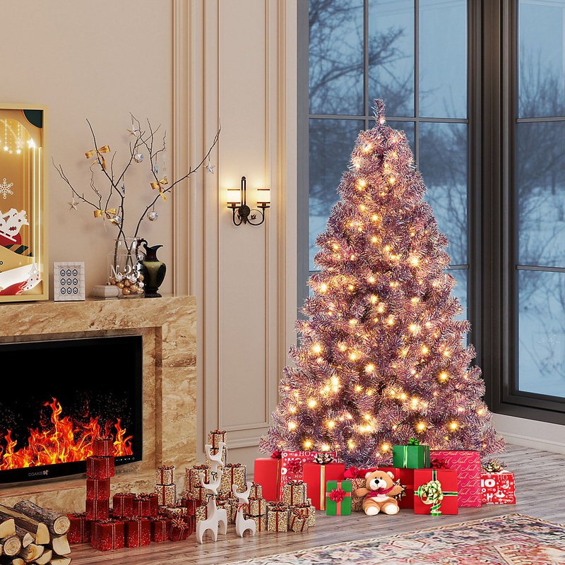 GAINOOM 6 FT Artificial Xmas Tree Purple Hinged Christmas Tree w/ 688 Branch Tips & 250 Warm White LED Lights & 8 Lighting Modes