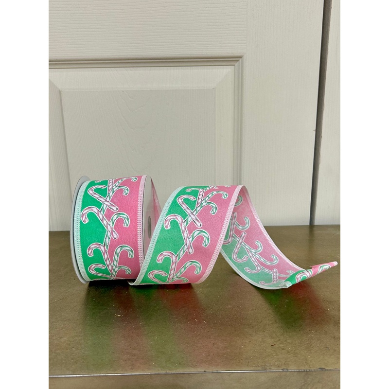 2.5 Inch By 10 Yard Mint Pink White Iridescent Glitter Candy Cane Ribbon