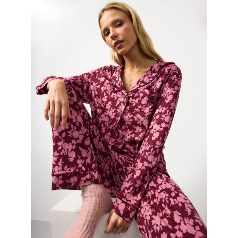Burgundy Floral Printed Modal Blend Pyjamas L