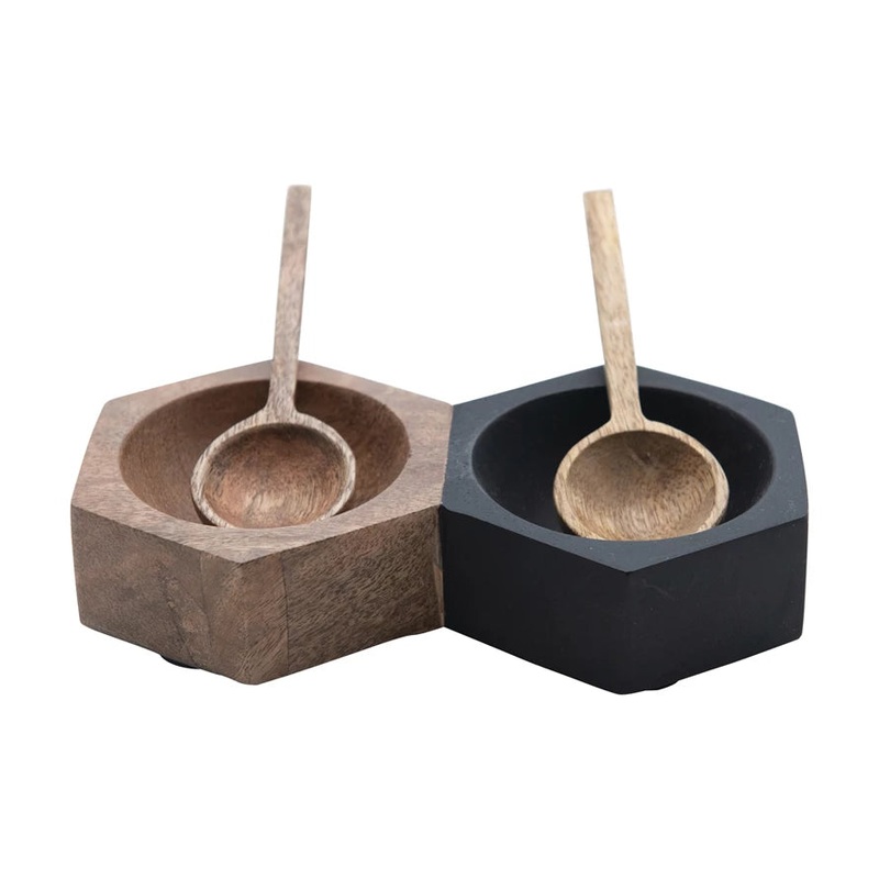 Black & Natural Two Section Hexagon Shaped Wood Dish with Spoons - Set of 3
