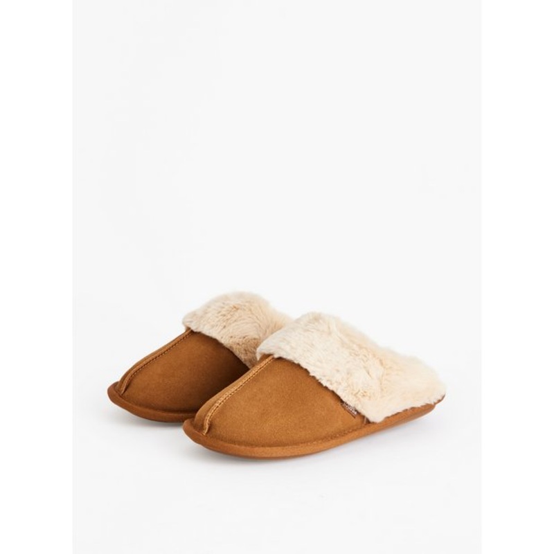 Real Suede Tan Faux Fur Lined Mule Slippers L