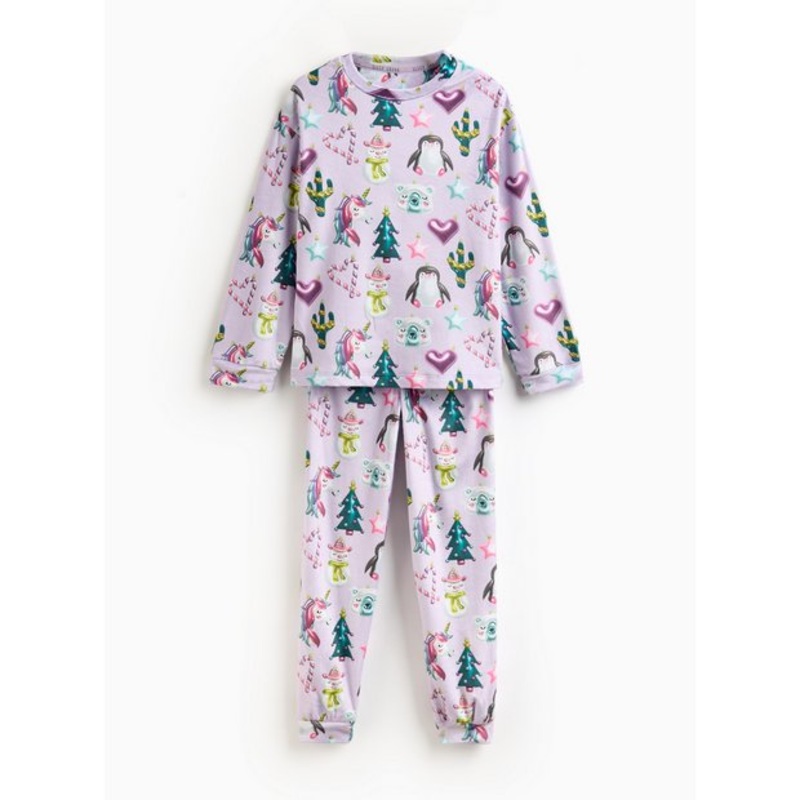Lilac Christmas Unicorn Printed Slinky Fleece Pyjamas 8-9 years