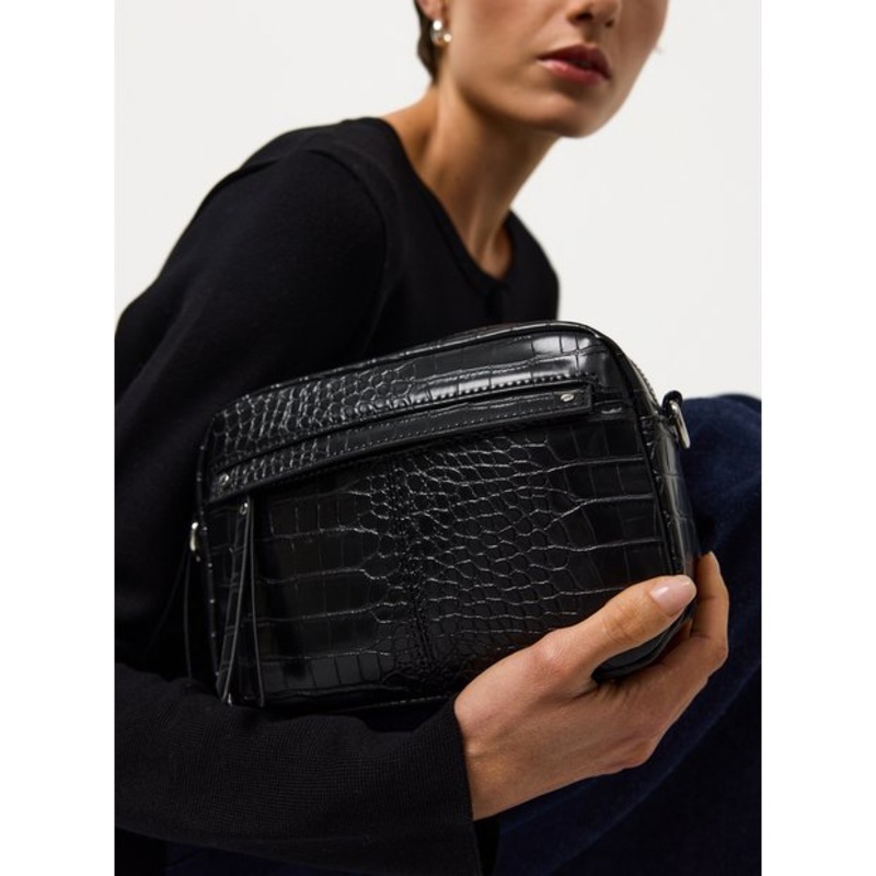 Black Faux Leather Croc Effect Camera Bag  One Size