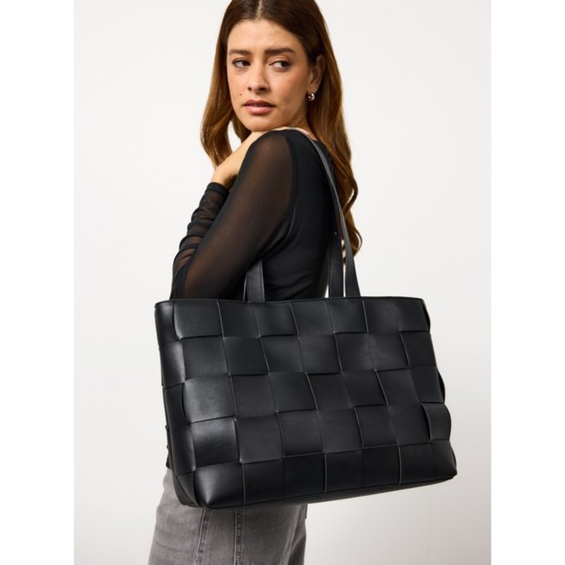 Black Faux Leather Weave Detail Shopper Bag One Size
