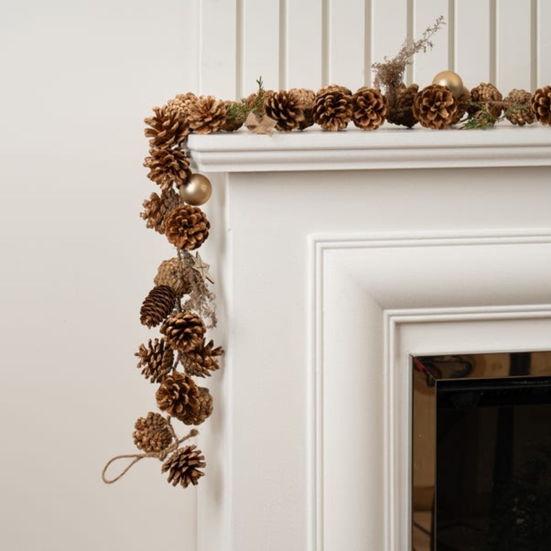 160cm Artificial Garland with Wooden Stars Pine Cones & Gold Ornaments