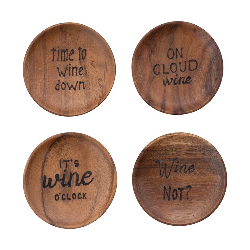 Acacia Wood Tapas Plates with Burned Wine Saying & Abaca Tie