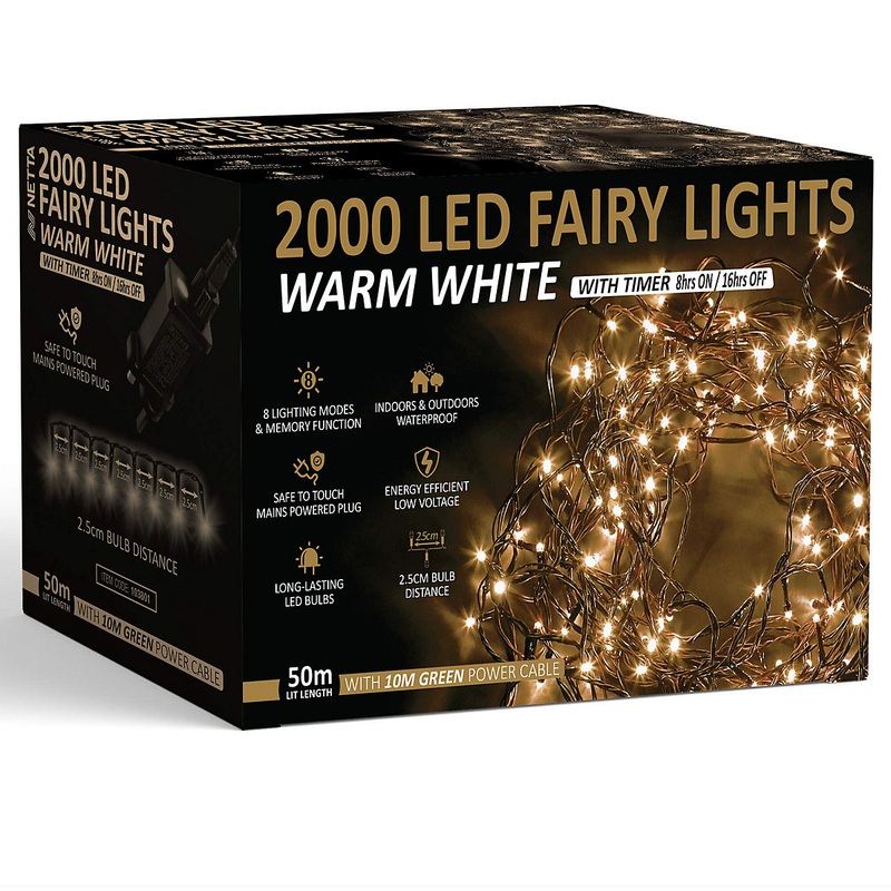 2000 LED Fairy String Lights 50M Indoor & Outdoor Christmas Tree Lights Green Cable - Warm White