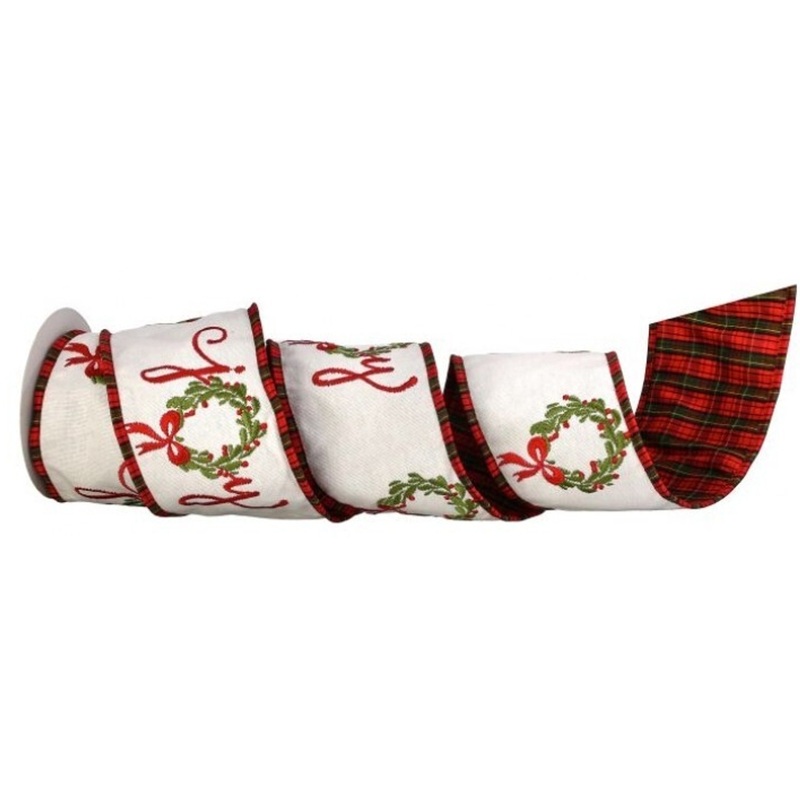 "Joy" Wreath Dupion Plaid Back Ribbon 4"x5Y