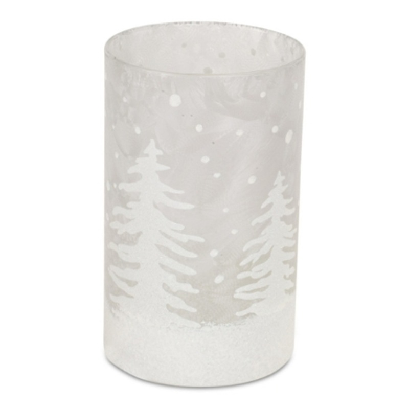 Clear Glass Candle Holder w/White Tree and Snow 6"