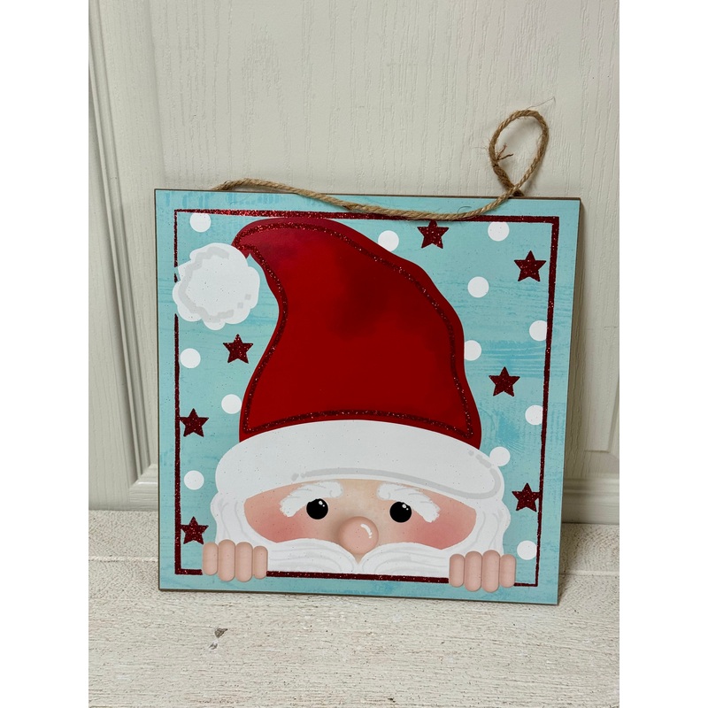 10 Inch Light Blue And Red Peeking Santa Face Square Wooden Sign