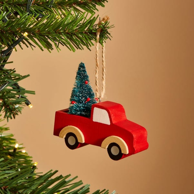 Wooden Car with Christmas Tree Hanging Decoration