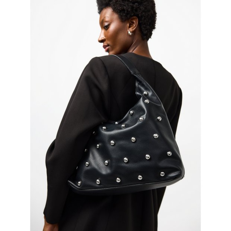 Black Faux Leather Studded Slouch Shoulder Bag One Size