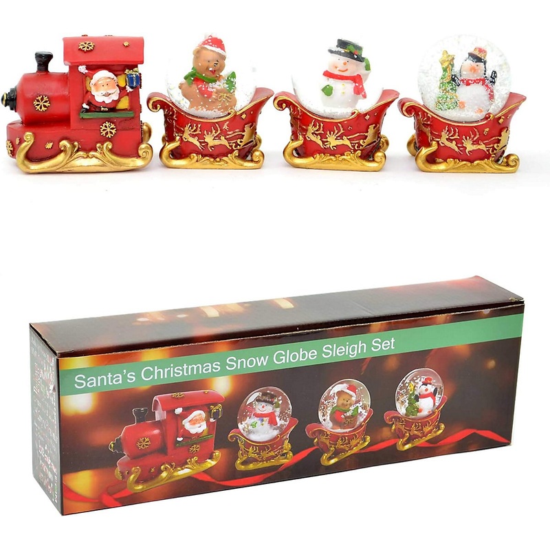 Christmas Snowglobe Set of 3pcs Sleigh Train Carriages & Engine Hand Painted Snowman Santa Teddy Penguine Table