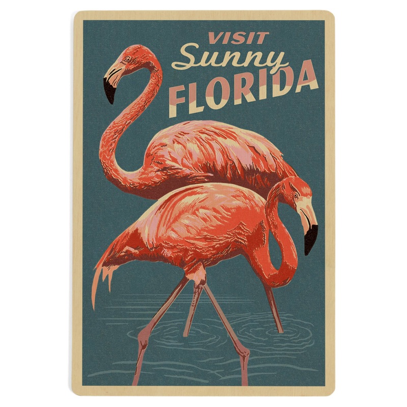 WOOD POSTCARD Visit Sunny Florida, Flamingo