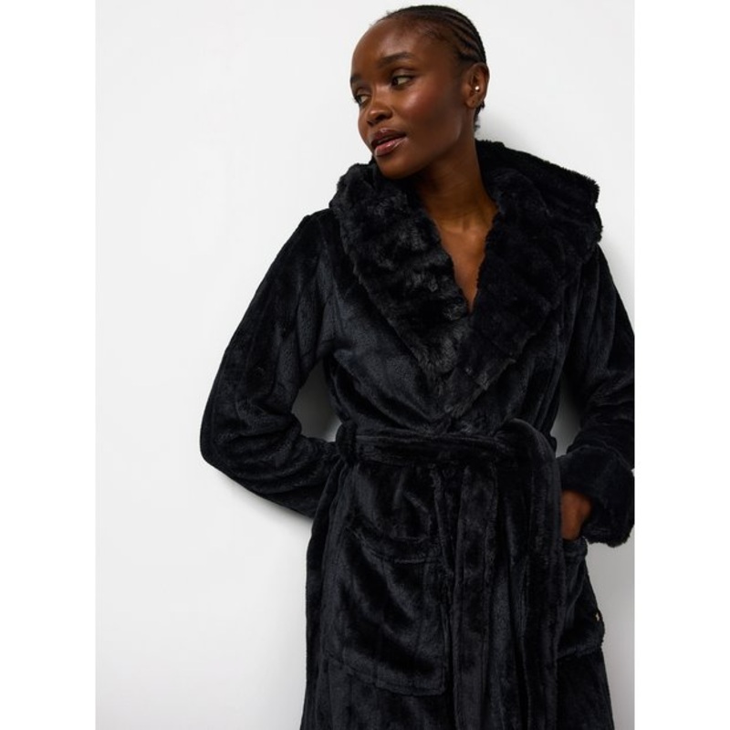 Black Carved Plush Hooded Dressing Gown S