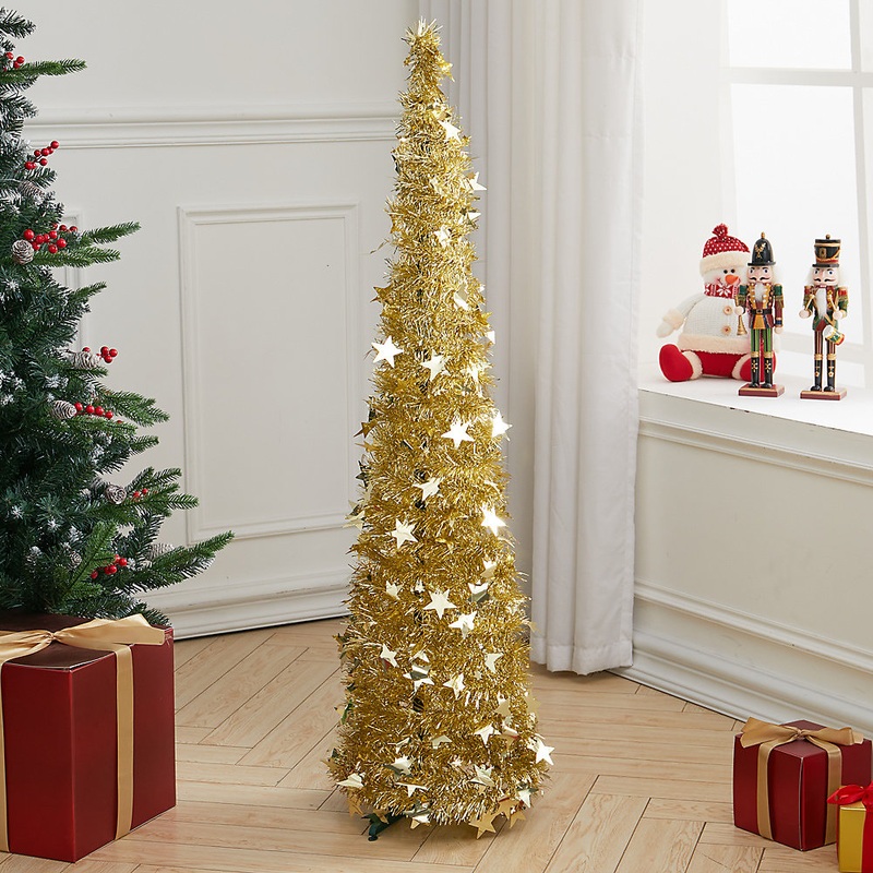 4ft Gold Slim Pop Up Tinsel Christmas Tree Collapsible Xmas Tree with Base and Stars