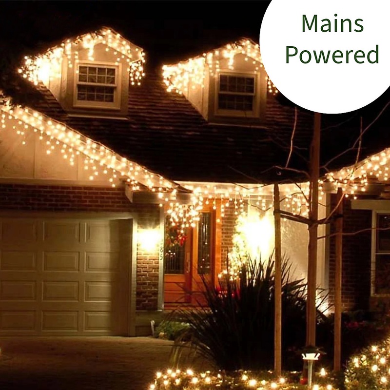 20m/65ft Warm White Connectable Icicle Lights 672 MAINS Powered LEDs 8 Settings Memory & Timer Outdoor Weatherproof Christmas