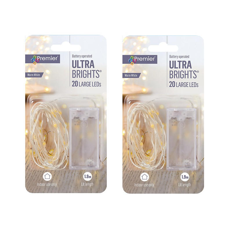 2 x 20 LED Indoor Wire Lights Ultra Bright Warm White LEDs Battery Operated 1.9M