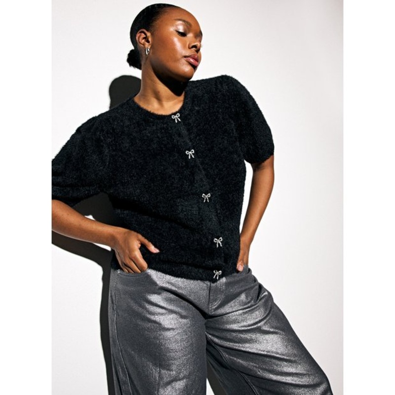 Black Fluffy Eyelash Bling Button Short Sleeve Cardigan 20