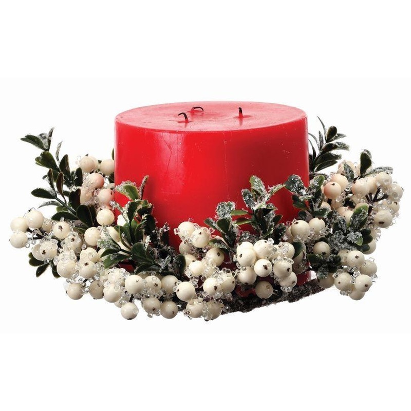 Frosted White Iced Berry Boxwood Candle Ring 10"