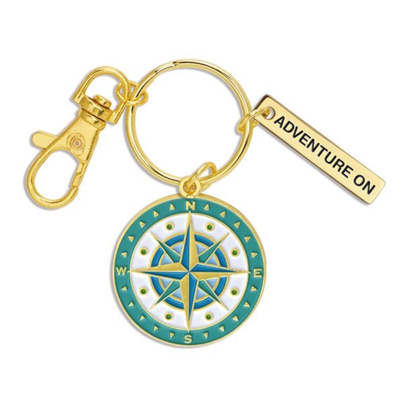 "Adventure On" Compass Shaped Enameled Keychain