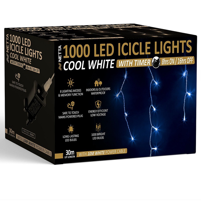 1000 LED Icicle Lights 30M Indoor/Outdoor Christmas Lights with White Cable - Cool White