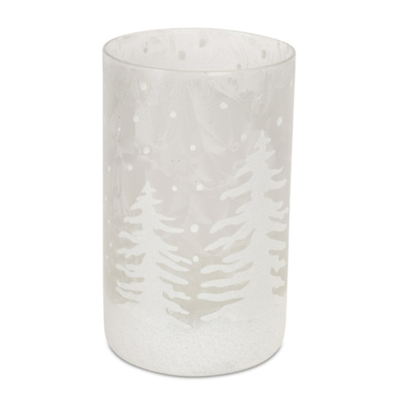 Clear Glass Candle Holder w/White Tree and Snow 7.75"