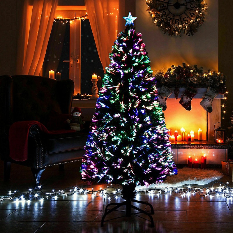 4FT Pre Lit Fiber Optic Christmas Xmas Tree Colour Changing Xmas Lights Star Green