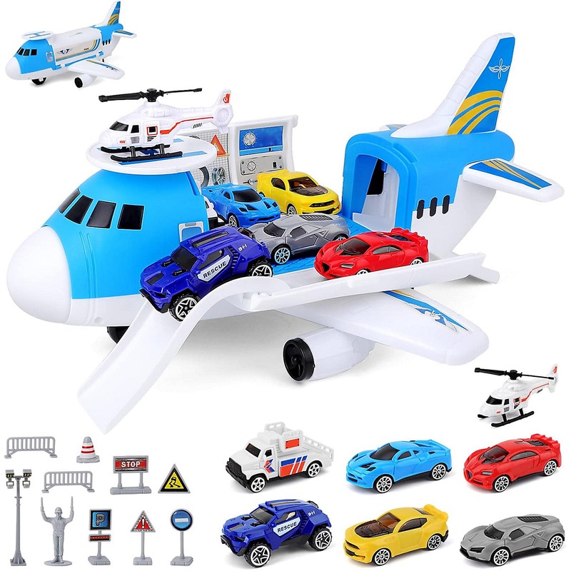 Transport Cargo DIY Plane Car Toy Play Set with Ramp and 4 Mini Car, 1 Helicopter Included Fun Educational Toy for Kids