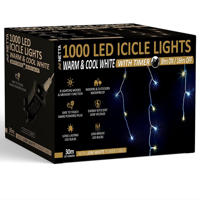 1000 LED Icicle Lights 30M Indoor/Outdoor Christmas Lights with White Cable - Warm & Cool White