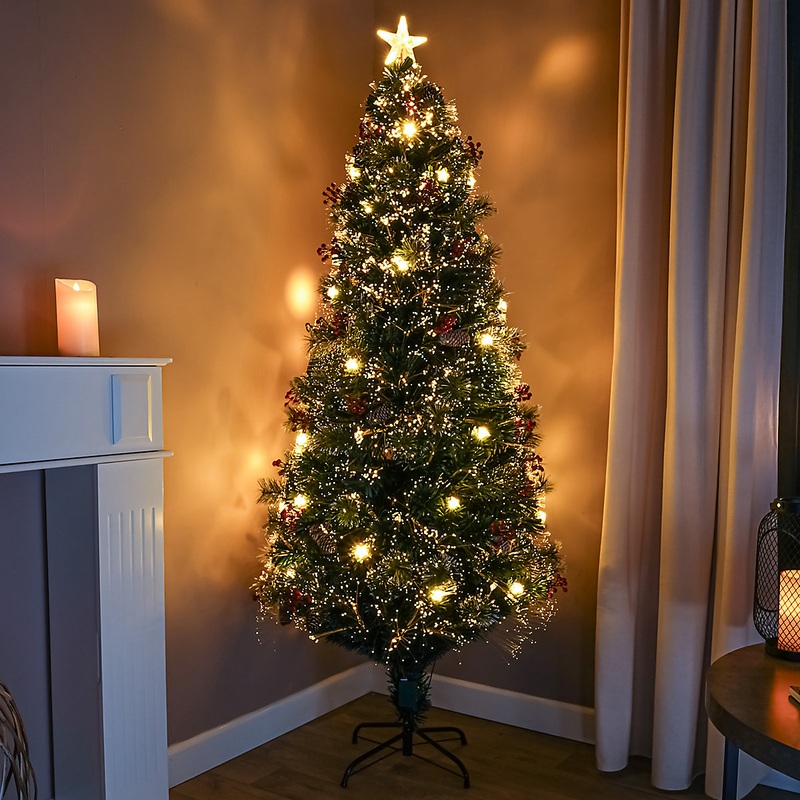 5ft Green Fibre Optic Christmas Tree with Berries, Cones and Warm White LED Stars