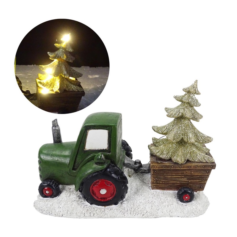 Alpine Green Tractor Pulling Tree 16 in. Porch Decor