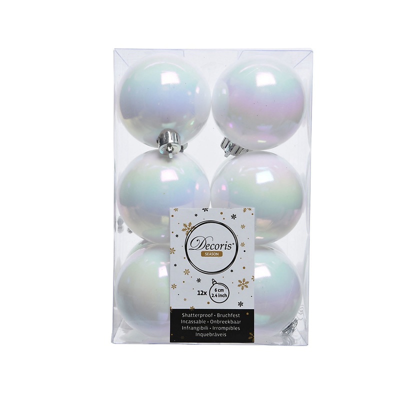 12 White Iridescent Christmas Baubles Shatterproof Luxury Tree Decor 6cm Iris
