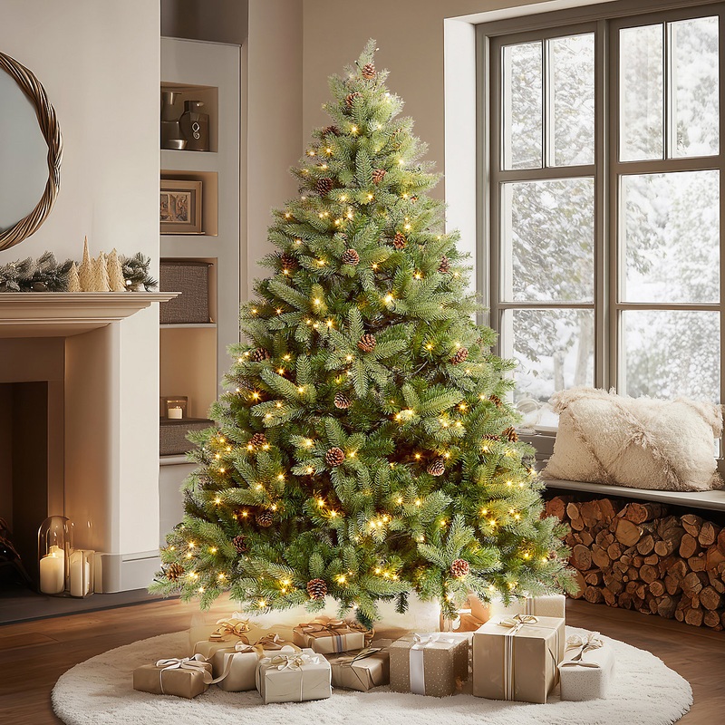 VeryMerry 7FT 'Ascot' Pre-Lit Christmas Tree with 500 LED Lights with Timer, 8 Light Modes, Decorative Pinecones