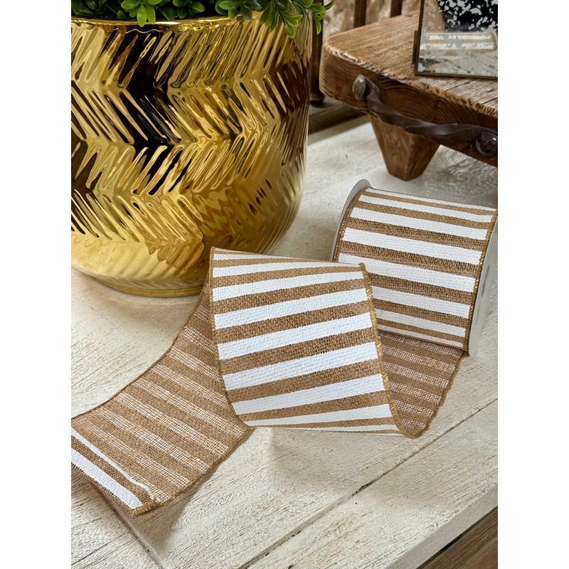 4 Inch By 10 Yard Burlap And White Cabana Stripe Ribbon