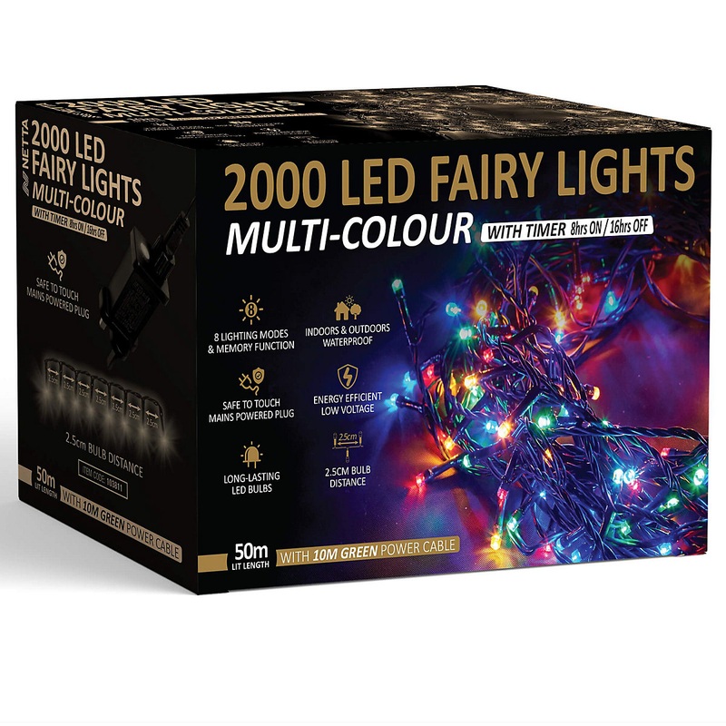 2000 LED Fairy String Lights 50M Indoor & Outdoor Christmas Tree Lights Green Cable - Multi Colour