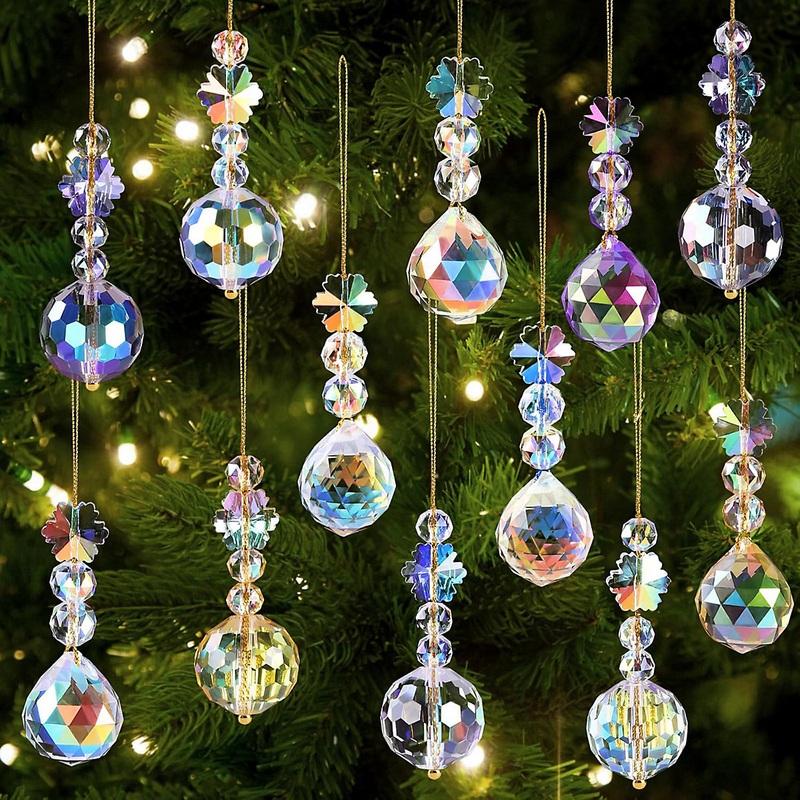 12PCS 22mm Christmas Tree Crystal Balls Ornaments, Rainbow Christmas Prism Crystal Glass Balls for Xmas Tree Hanging Decorations