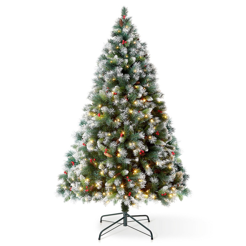 VeryMerry 6FT 'Claudia' Pre-Lit Christmas Tree with 300 LED Lights with Timer, 8 Light Modes, Decorative Pinecones and Berries
