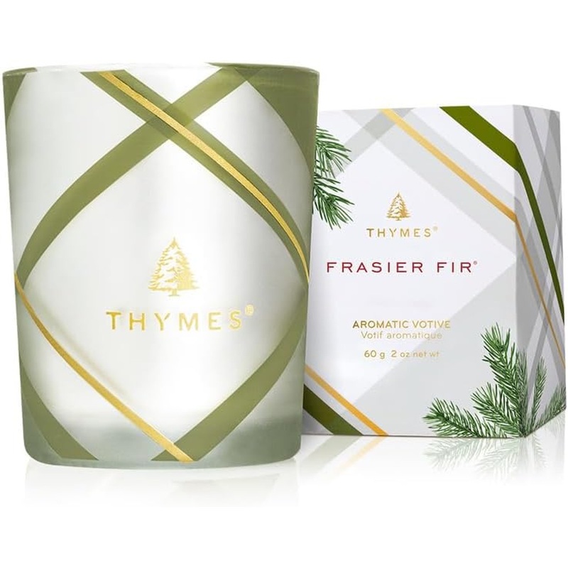 Thymes Frasier Fir Frosted Plaid Votive  2oz.