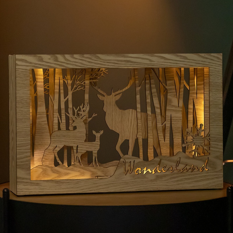 37cm Battery Operated Light up Wooden Christmas Reindeer Scene with Warm White LEDs