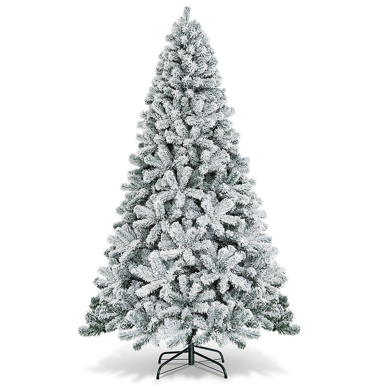COSTWAY 7.5FT Snow Flocked Artificial Christmas Tree Unlit Hinged Xmas Tree W/ 1010 Tips
