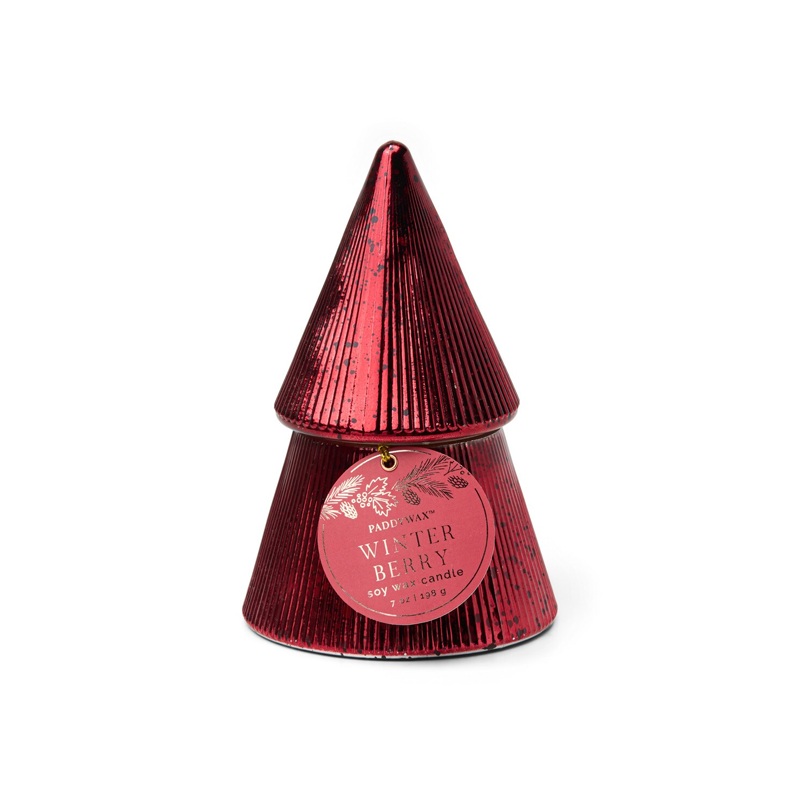 Ribbed Mercury Stacked Tree Candle: Winter Berry 7oz. (Red)