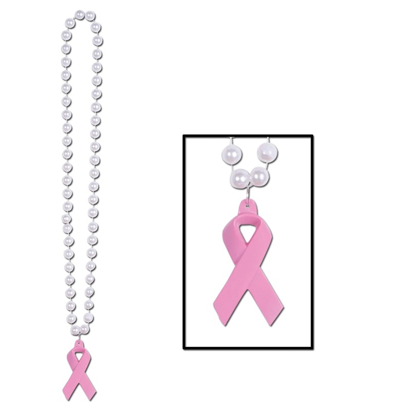 12 Pack Bulk Bead Necklace with Pink Ribbon Medallion