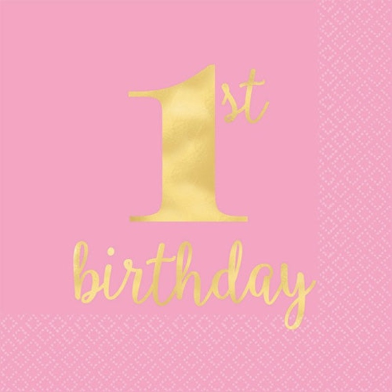 "1st Birthday" Square Paper Disposable Lunch Napkins, Pink/Gold, 6.5-in, 16-pk, 2-ply