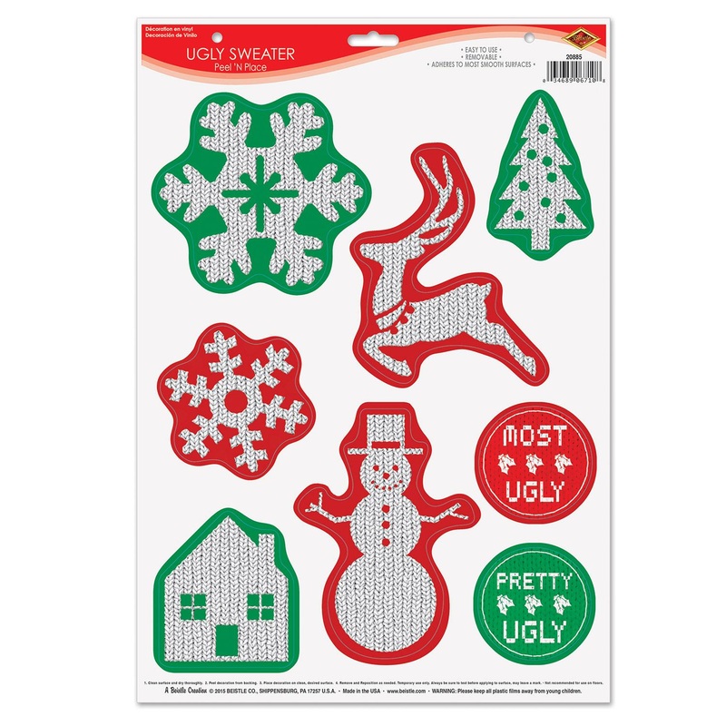 96 Piece Bulk Christmas Ugly Sweater Peel 'N Place Clings