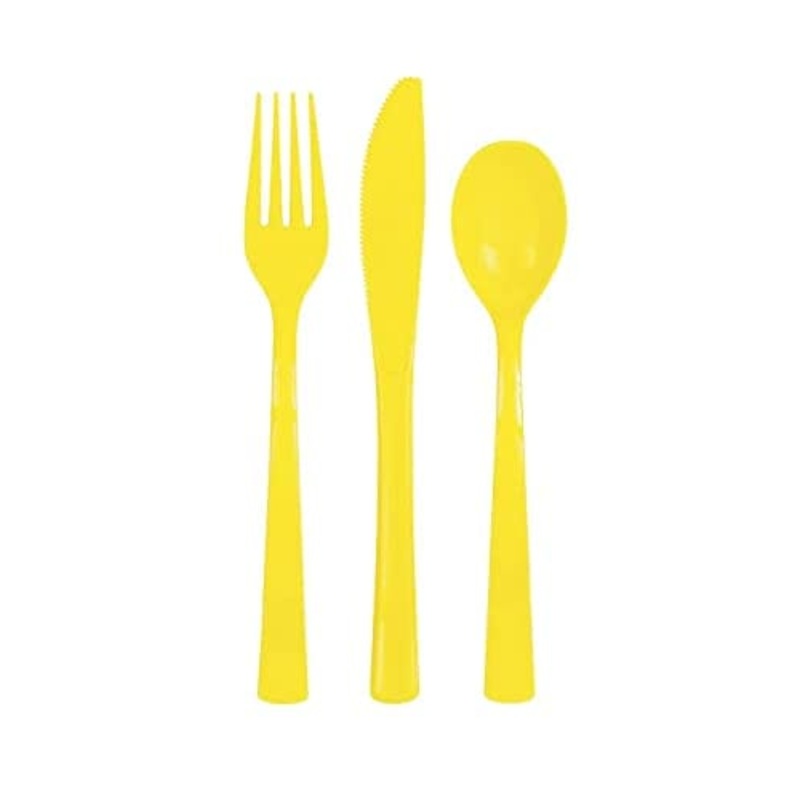 Reusable Plastic Cutlery Set for 6 Guests (18 Pieces) -Neon Yellow